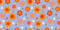 Cute hand drawn seamless pattern with vintage groovy daisy flowers. Happy retro floral vector background surface design, textile, Royalty Free Stock Photo