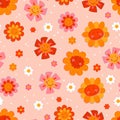 Cute hand drawn seamless pattern with vintage groovy daisy flowers. Happy retro floral vector background surface design, textile, Royalty Free Stock Photo