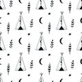 Cute hand drawn seamless pattern with wigwam in scandinavian style.