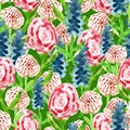 Cute hand-drawn seamless pattern with wildflowers rose, clover, lupine