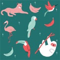 Cute hand-drawn Seamless tropical animals repeat pattern with parrot sloth flamingo hummingbird bananas birds and