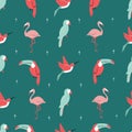 Cute hand-drawn Seamless tropical animals repeat pattern with parrot sloth flamingo hummingbird bananas birds and