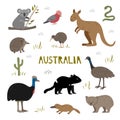 Cute hand drawn set with australian animals. Tasmania devil, kangaroo, koala and platypus. Kiwi, echidna and cassowary. Royalty Free Stock Photo