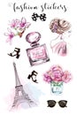 Cute hand drawn set with fashion stickers: beautiful woman, parfume bottle, flowers, shoes, eiffel tower and sunglasses. Royalty Free Stock Photo