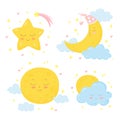 Cute hand drawn set of smiling full moon, cloud, star, crescent and sparkles.