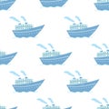 Cute hand drawn ship seamless pattern, steamboat, steamship. Flat vector illustration isolated on white background. Doodle drawing