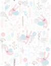 Cute Hand Drawn Sleeping Little Bunnies, Vector Pattern. Pink Rabbits Sleeping on the Blue Clouds. Pink, Grey and Blue Flowers, Tw