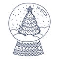 Cute hand drawn snow globe with Christmas tree with star above it and snowflakes. Vector doodle isolated on background. Glass Royalty Free Stock Photo