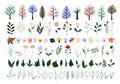 Cute hand drawn spring blooming trees, flowers, green leaves cozy hygge scandinavian