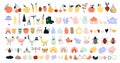 Cute hand drawn spring icons, garden tools, fruits, vegetables, chickens, hares, bees, butterflies