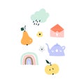 Cute hand drawn spring pear, rainbow, apple, rainy cloud, teapot, envelope