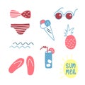 Cute hand drawn summer set of elements. Vector illustration on white background