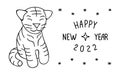 Cute hand drawn Tiger and inscription Happy New Year 2022. Linear drawing. Design Template for Christmas card, banner, poster,