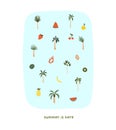 Cute hand drawn tiny summer palm trees and fruits watermelon, dragonfruit, papaya