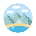 Cute hand drawn travelling round icon. Tourism and camping adventure icon. ÃÂ¡lipart with travelling elements, mountains, sea,