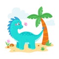 Cute hand drawn turquoise dinosaur with a butterfly. Funny smiling dino character on a background of palm tree in