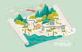 Cute hand drawn vacation map with mountains, waterfall, palm trees, hills. illustrated landscape - great for banners, wallpapers,