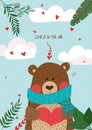 Cute hand drawn Valentine's Day card with funny Bear with Heart and caption love is in the air