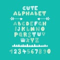 Cute hand drawn vector alphabet. Colorful mint blue green decorative letters in childish style Royalty Free Stock Photo