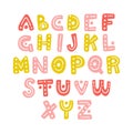 Cute hand drawn vector alphabet. Pink and yellow isolated decorative funny letters Royalty Free Stock Photo