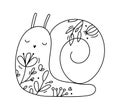 Cute hand drawn vector baby snail line spring with line berries, branches, flower texture. Icon outline illustration for Royalty Free Stock Photo