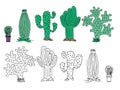 Cute hand drawn vector cactuse in the pots. Vector illustration.