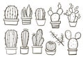 Cute hand drawn vector cactuse in the pots set