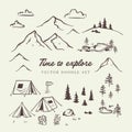 Cute hand drawn vector camping doodles, tents, landscape, trees and decoration