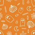 Cute hand drawn vector Halloween seamless pattern, orange doodle background. For Halloween print, banners, wallpapers