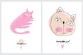 Cute Hand Drawn Vector Illustration with Funny Cream and Pink Cats.