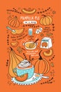 Cute hand drawn vector illustration. Pumpkin pie in a mug. Pumpkin recipe for thanksgiving day