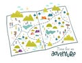 Cute hand drawn vector map with camping doodles, tents, landscape and trails, great for textiles, banners, wallpapers