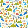 Cute hand drawn vector seamless pattern with camping doodles, tents, landscape and trails, great for textiles, banners, wallpapers