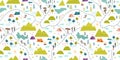 Cute hand drawn vector seamless pattern with camping doodles, tents, landscape and trails, great for textiles, banners, wallpapers