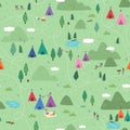 Cute hand drawn vector seamless pattern with camping doodles, tents, landscape and trails, great for textiles, banners, wallpapers