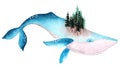 Cute hand drawn watercolor blue colored whale with island with green spruces on it\'s back.Hand painted