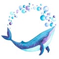Cute hand drawn watercolor blue and violet colored whale with frame made of colorful bubbles.
