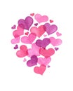 Cute hand drawn watercolor pink hearts in the shape of a cloud or destination point for Valentine`s Day greeting, wedding, Royalty Free Stock Photo