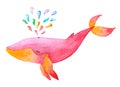 Cute hand drawn watercolor pink and yellow colored whale with rainbow fountain water drops.Hand painted