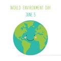 Cute hand drawn World Environment Day card with smiling character of the planet Earth