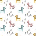 Cute hand drawn Zebra, flowers. Vector seamless pattern with animals on white background Royalty Free Stock Photo