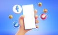 Cute Hand Holding Phone Facebook Icons Around 3D Rendering Mockup Template
