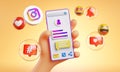 Cute Hand Holding Phone Instagram Icons Around 3D Rendering