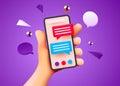 Cute hand holding phone with short messages. Chatting with friends and sending messages. Colorful speech bubbles boxes