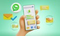 Cute Hand Holding Phone WhatApp Icons Around 3D Rendering