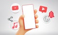 Cute Hand Holding Phone Youtube Icons Around 3D Rendering Mockup Template