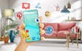 Cute Hand Holding Smart Phone Pinterest Icons in Living Room Future Modern Life Concept 3D Render