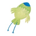 Cute hand made light green bird with blue nose illustration.