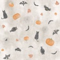 Cute hand painted seamless repetitive watercolor halloween pattern, with pumpkins