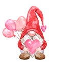 Cute hand-painted valentine gnome. Watercolor Valentine\'s day illustration